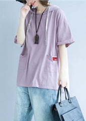 Natural hooded pockets cotton summer blouses for women Tutorials purple blouses STP200409