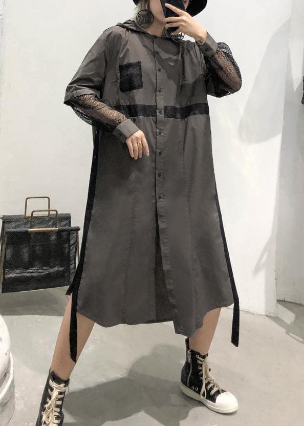 Natural lapel collar patchwork tulle cotton tunic dress Work gray green Traveling lapel Dress AT-FDL190823