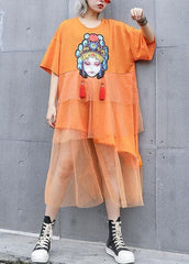 Natural orange prints cotton clothes For Women patchwork tulle loose summer Dresses AT-SDL190717