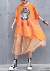 Natural orange prints cotton clothes For Women patchwork tulle loose summer Dresses AT-SDL190717