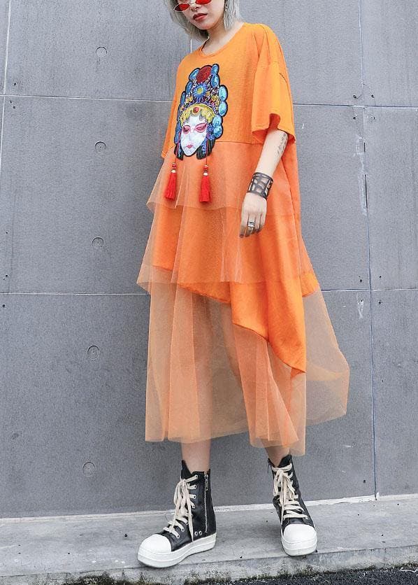 Natural orange prints cotton clothes For Women patchwork tulle loose summer Dresses AT-SDL190717