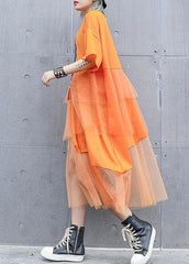 Natural orange prints cotton clothes For Women patchwork tulle loose summer Dresses AT-SDL190717