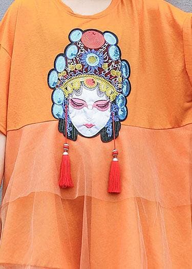 Natural orange prints cotton clothes For Women patchwork tulle loose summer Dresses AT-SDL190717