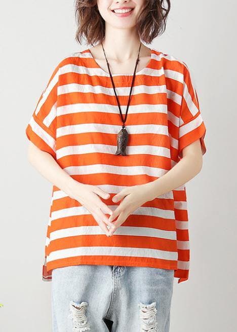 Natural orange striped cotton blouses for women o neck Batwing Sleeve Art top STP200409