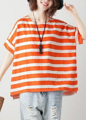 Natural orange striped cotton blouses for women o neck Batwing Sleeve Art top STP200409