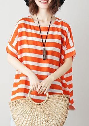 Natural orange striped cotton blouses for women o neck Batwing Sleeve Art top STP200409