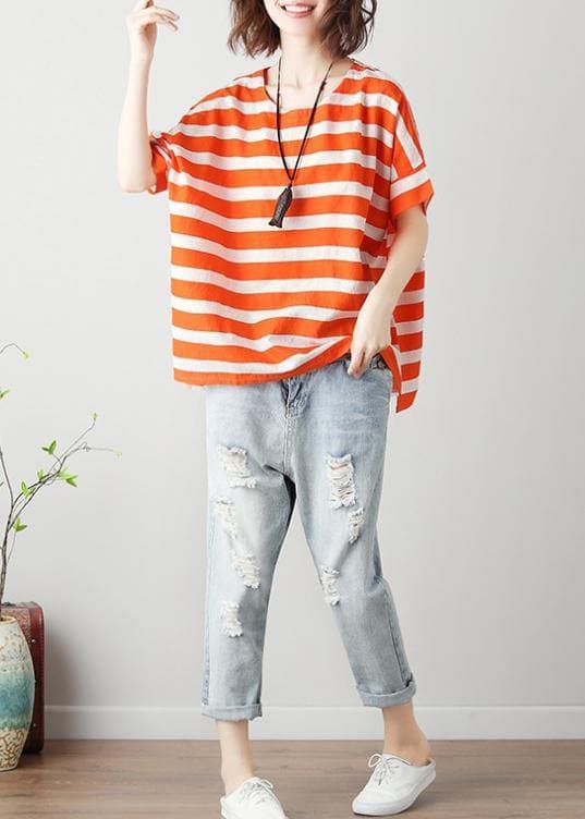 Natural orange striped cotton blouses for women o neck Batwing Sleeve Art top STP200409