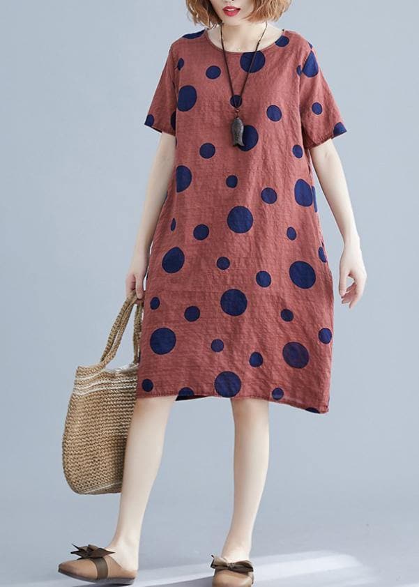 Natural red dotted Cotton dress o neck pockets shift Dres SDM200325