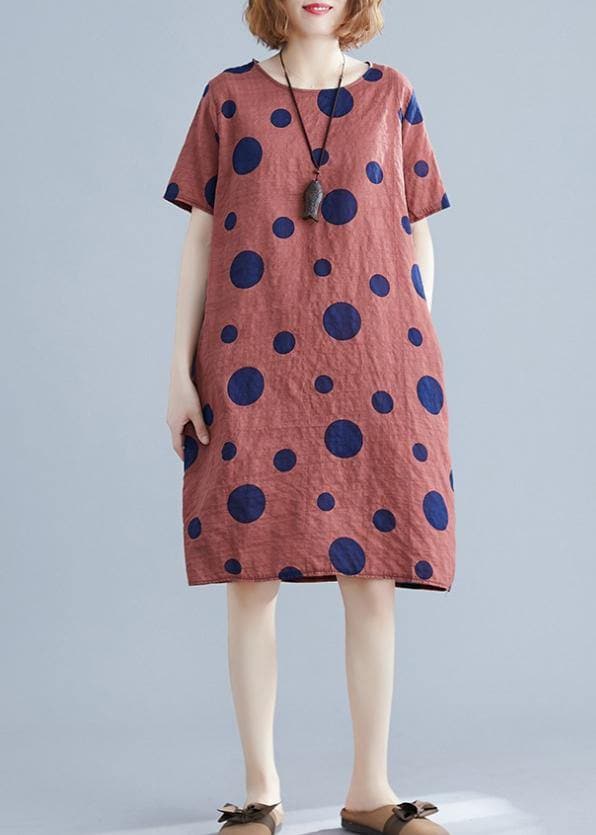 Natural red dotted Cotton dress o neck pockets shift Dres SDM200325