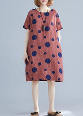 Natural red dotted Cotton dress o neck pockets shift Dres SDM200325