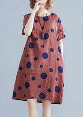 Natural red dotted Cotton dress o neck pockets shift Dres SDM200325