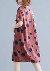 Natural red dotted Cotton dress o neck pockets shift Dres SDM200325