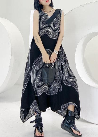 Natural v neck zippered linen dresses Wardrobes black print Dress AT-SDL200617