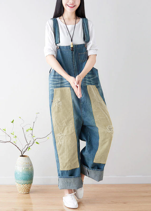 Natural Blue pockets Patchwork denim Jumpsuits Spring dylinoshop