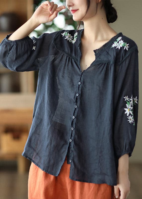 Navy Patchwork Linen Shirts Embroideried Button Bracelet Sleeve GK-HTP220815