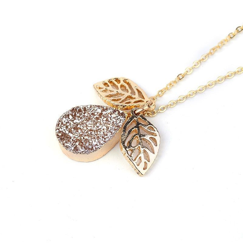 Necklaces Charm Jewelry NCJB04 Pear Leaf and Druzy Stone Touchy Style