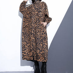 New Leopard coats plus size clothing Stand zippered trench coat women long sleeve pockets baggy cotton blended Coat AT-TCT180910