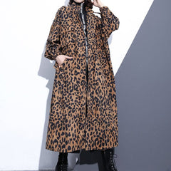 New Leopard coats plus size clothing Stand zippered trench coat women long sleeve pockets baggy cotton blended Coat AT-TCT180910