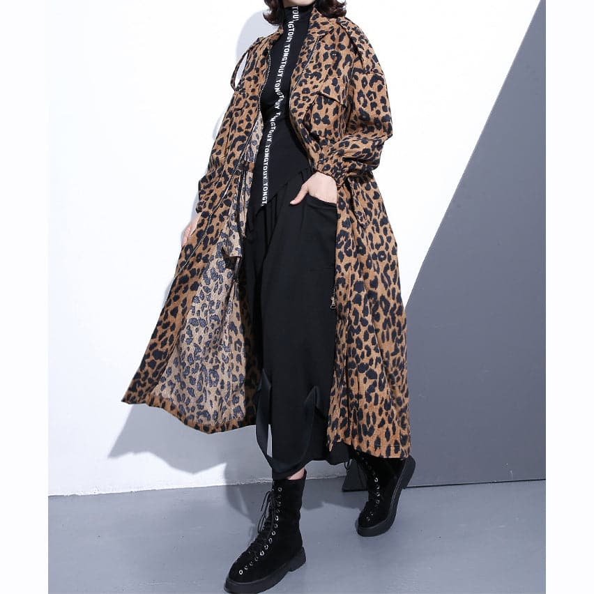 New Leopard coats plus size clothing Stand zippered trench coat women long sleeve pockets baggy cotton blended Coat AT-TCT180910