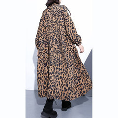 New Leopard coats plus size clothing Stand zippered trench coat women long sleeve pockets baggy cotton blended Coat AT-TCT180910