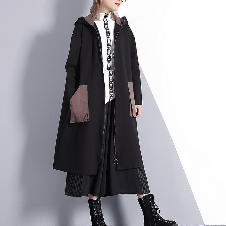 New black Winter coat oversize Hooded zippered outwear fine pockets trench coat AT-TCT1809911