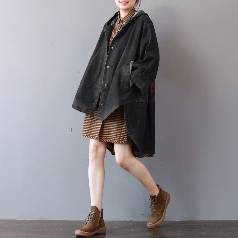 New dark gray denim coats trendy plus size hooded trench coat fine low high design coat CTS180907