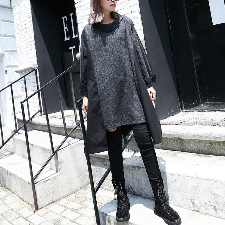 New gray 2018 fall dress Loose fitting traveling clothing asymmetric Elegant O neck patchwork dresses AT-FDM1809911