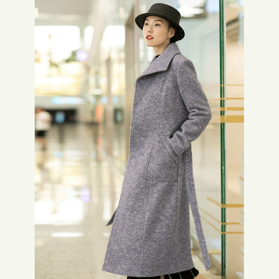 New light purple woolen outwear trendy plus size tei waist long coats pockets coats TCT181116