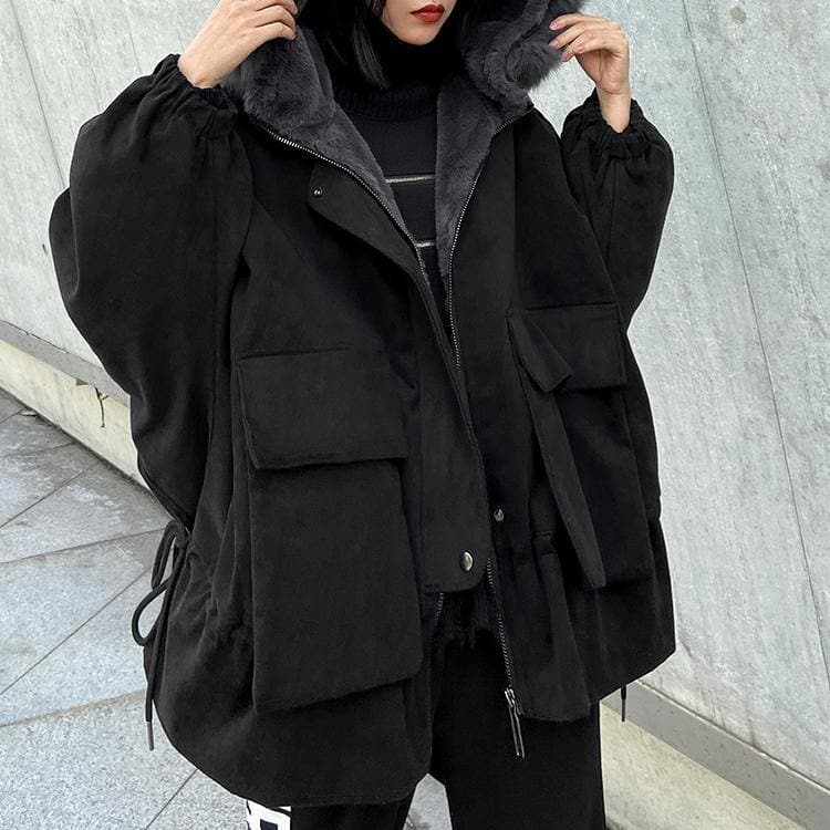 New plus size warm winter coat black hooded faux fur collar casual outfit AT-DJK201217