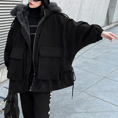 New plus size warm winter coat black hooded faux fur collar casual outfit AT-DJK201217