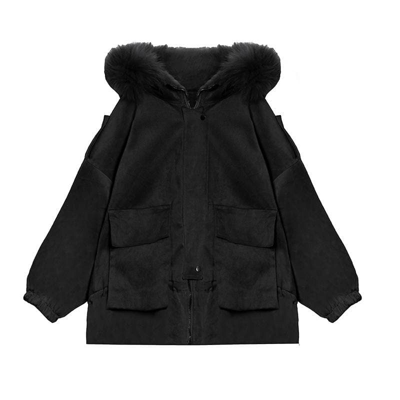 New plus size warm winter coat black hooded faux fur collar casual outfit AT-DJK201217