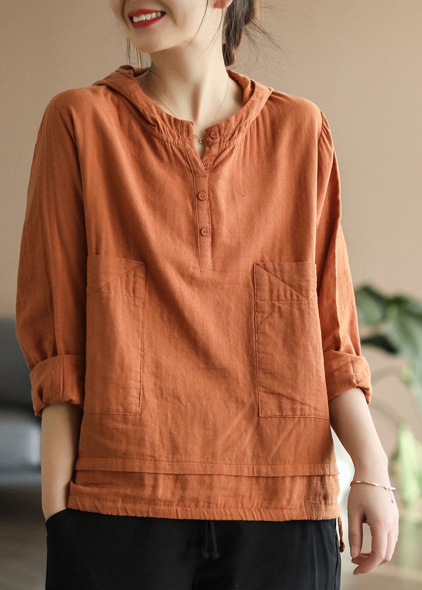 Orange Cotton Shirts top drawstring Hooded Long Sleeve GK-LTP220228