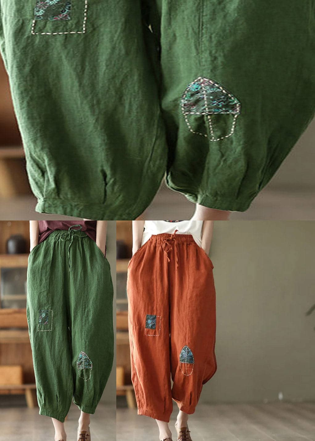 Orange Pockets Tie Waist Linen Harem Pants Summer GK-LPTS220422