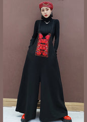 Organic Black Embroideried wide leg pants Jumpsuit Spring dylinoshop