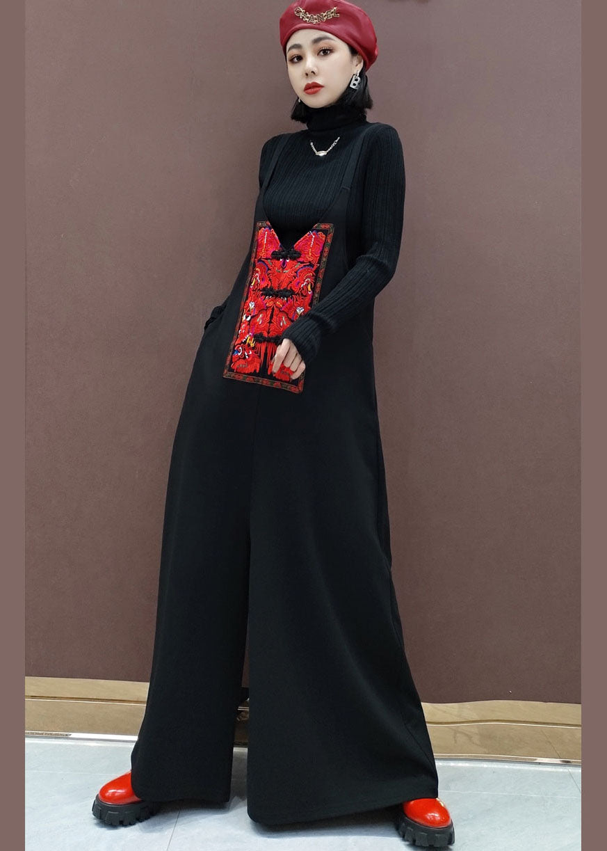 Organic Black Embroideried wide leg pants Jumpsuit Spring dylinoshop