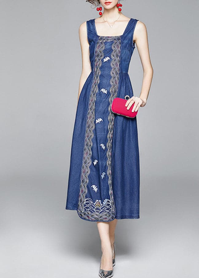 Organic Blue Cinched Embroideried zippered Spaghetti Strap Cotton Denim Dress Spring NZ-SDL220304