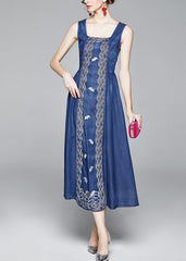 Organic Blue Cinched Embroideried zippered Spaghetti Strap Cotton Denim Dress Spring NZ-SDL220304