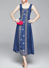 Organic Blue Cinched Embroideried zippered Spaghetti Strap Cotton Denim Dress Spring NZ-SDL220304