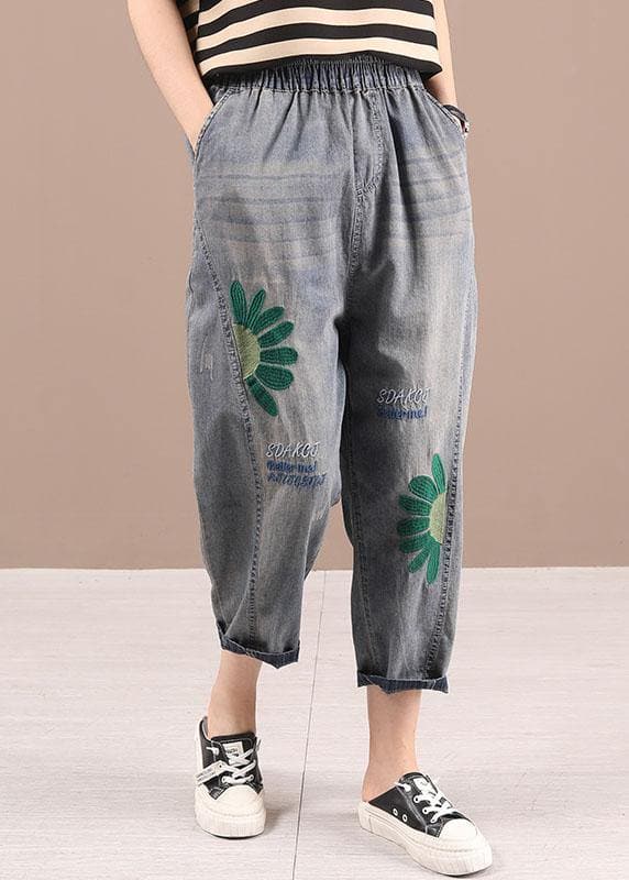 Organic Blue Embroideried Summer Regular Denim Pants SooLinen