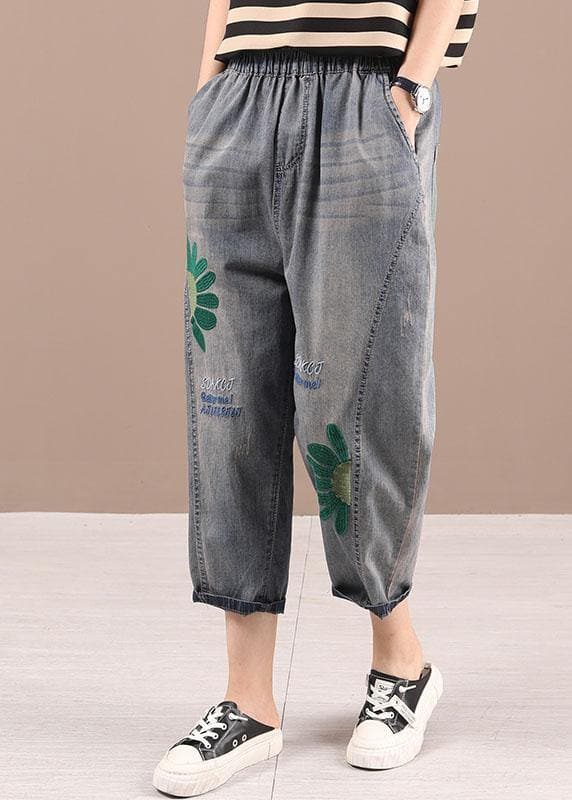 Organic Blue Embroideried Summer Regular Denim Pants SooLinen