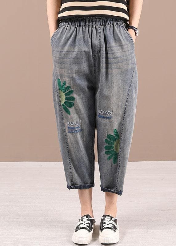 Organic Blue Embroideried Summer Regular Denim Pants SooLinen