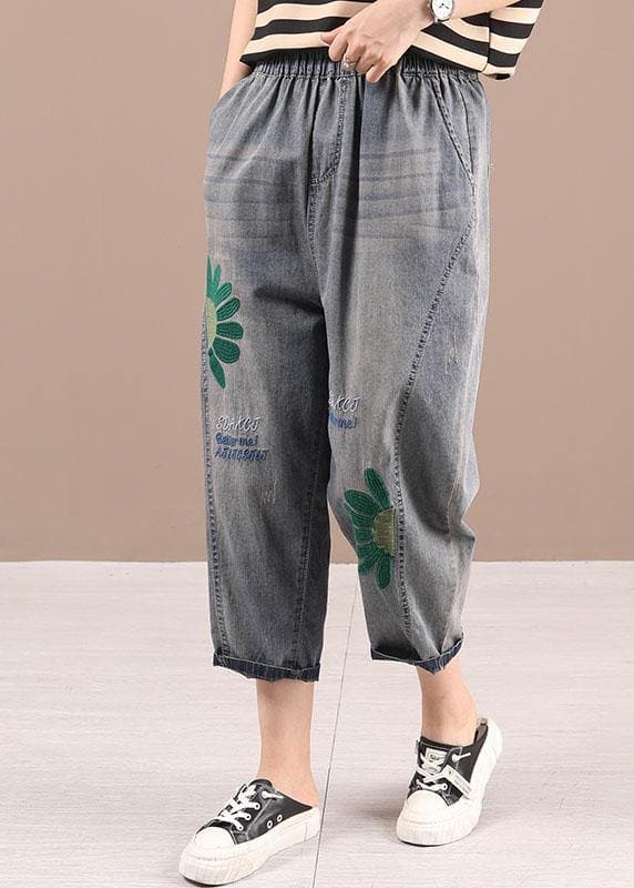 Organic Blue Embroideried Summer Regular Denim Pants SooLinen