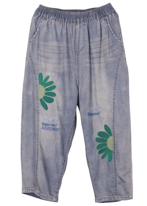 Organic Blue Embroideried Summer Regular Denim Pants SooLinen