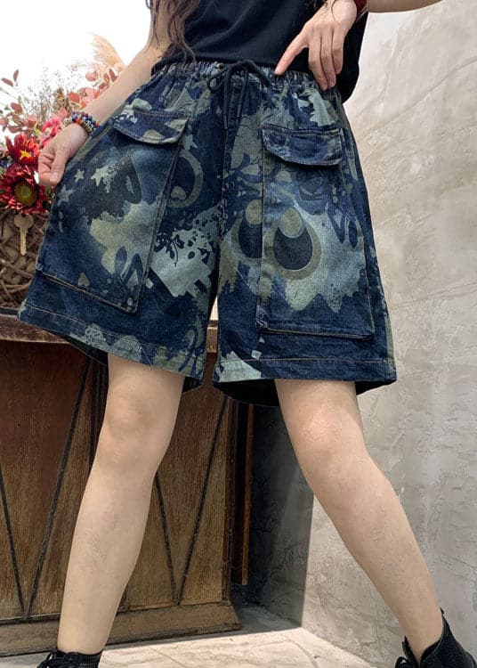 Organic Blue retro Print Pockets denim Summer shorts BSNZK-LPTS211124