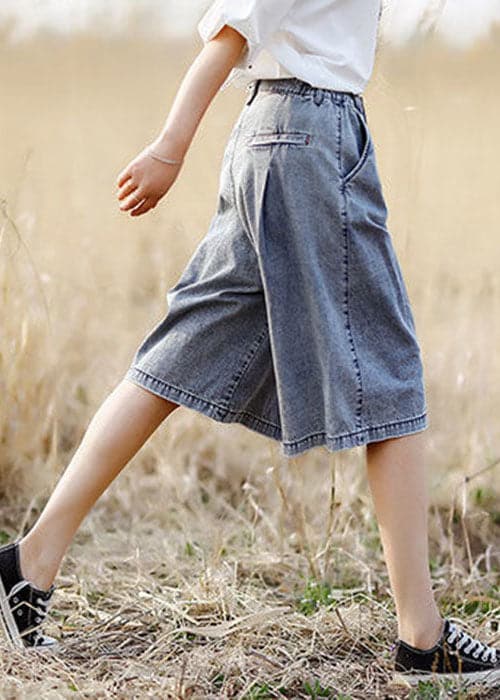 Organic Grey Elastic Waist Pockets Cotton Denim Crop Pants Summer NZ-CPTS220715