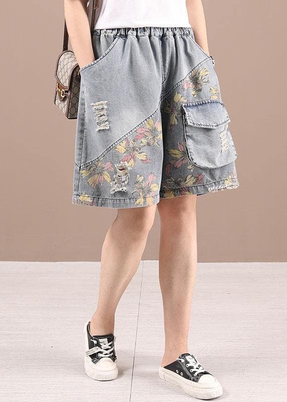 Organic Grey Patchwork Print Denim hot Pants 210722