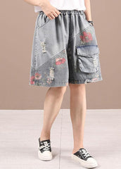 Organic Grey Patchwork Print Denim hot Pants 210722