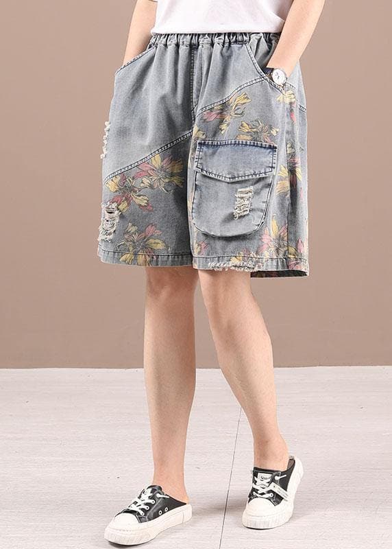 Organic Grey Patchwork Print Denim hot Pants 210722