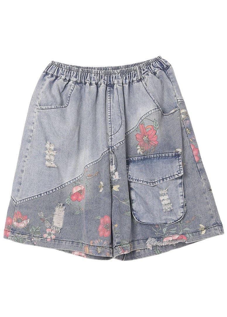 Organic Grey Patchwork Print Denim hot Pants 210722