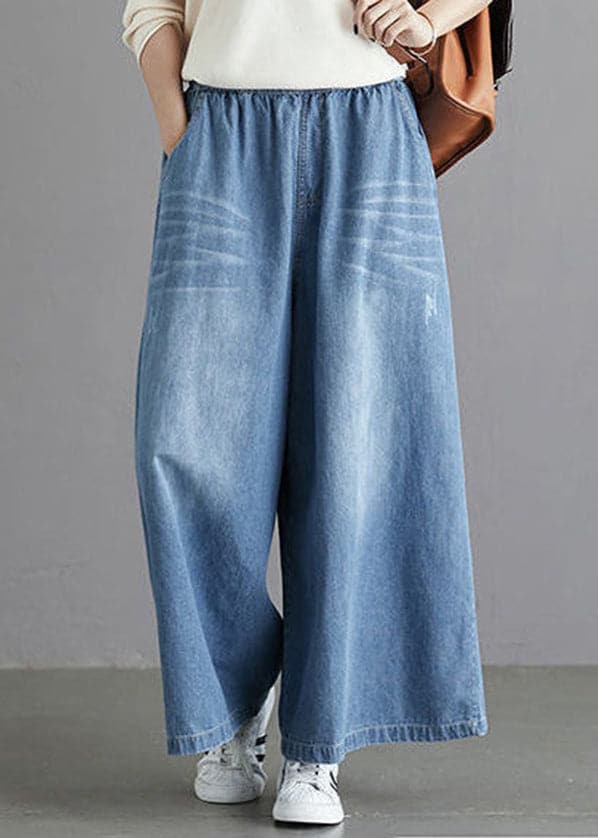 Organic Light Blue Elastic Waist Pockets Cotton Wide Leg Denim Pants Spring NZ-LPTS22060701